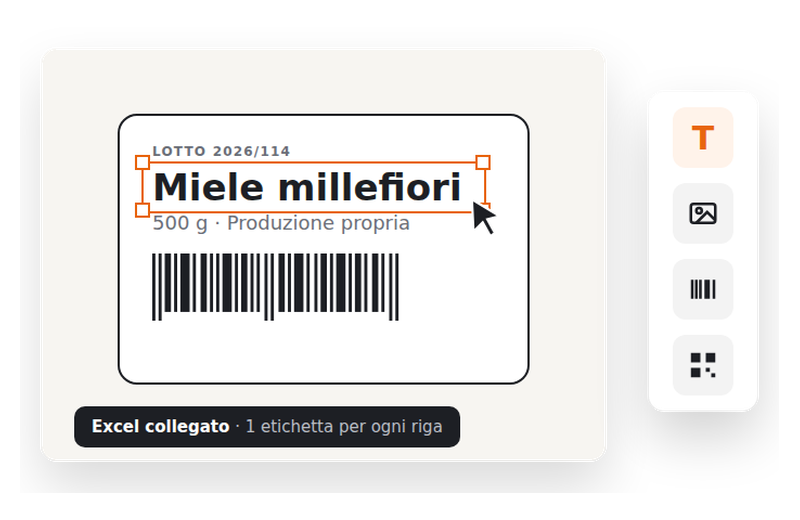 Etichetta con testo e codice a barre in modifica in Labeljoy, con i dati collegati da un file Excel