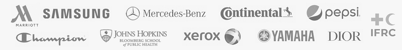 Loghi di aziende che usano Labeljoy: Marriott, Samsung, Mercedes-Benz, Continental, Pepsi, IFRC, Champion, Johns Hopkins, Xerox, Yamaha, Dior