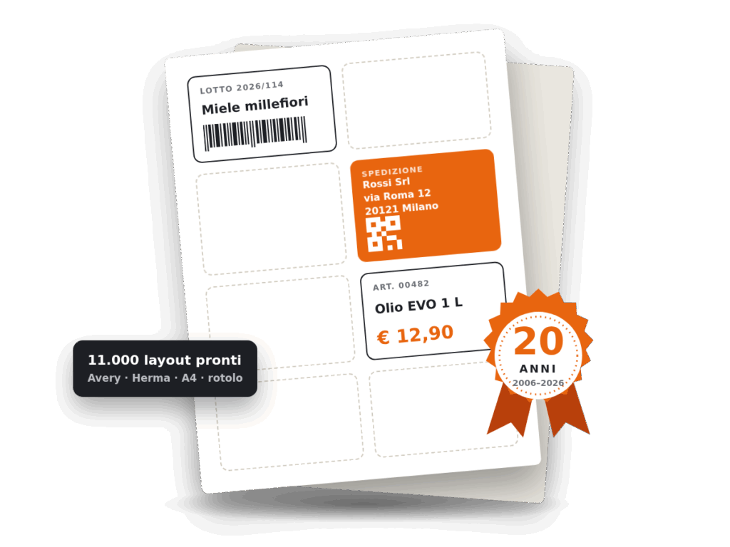 Foglio di etichette con codice a barre e QR code creato con Labeljoy