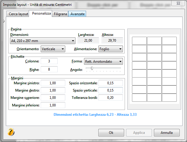 imposta layout etichette